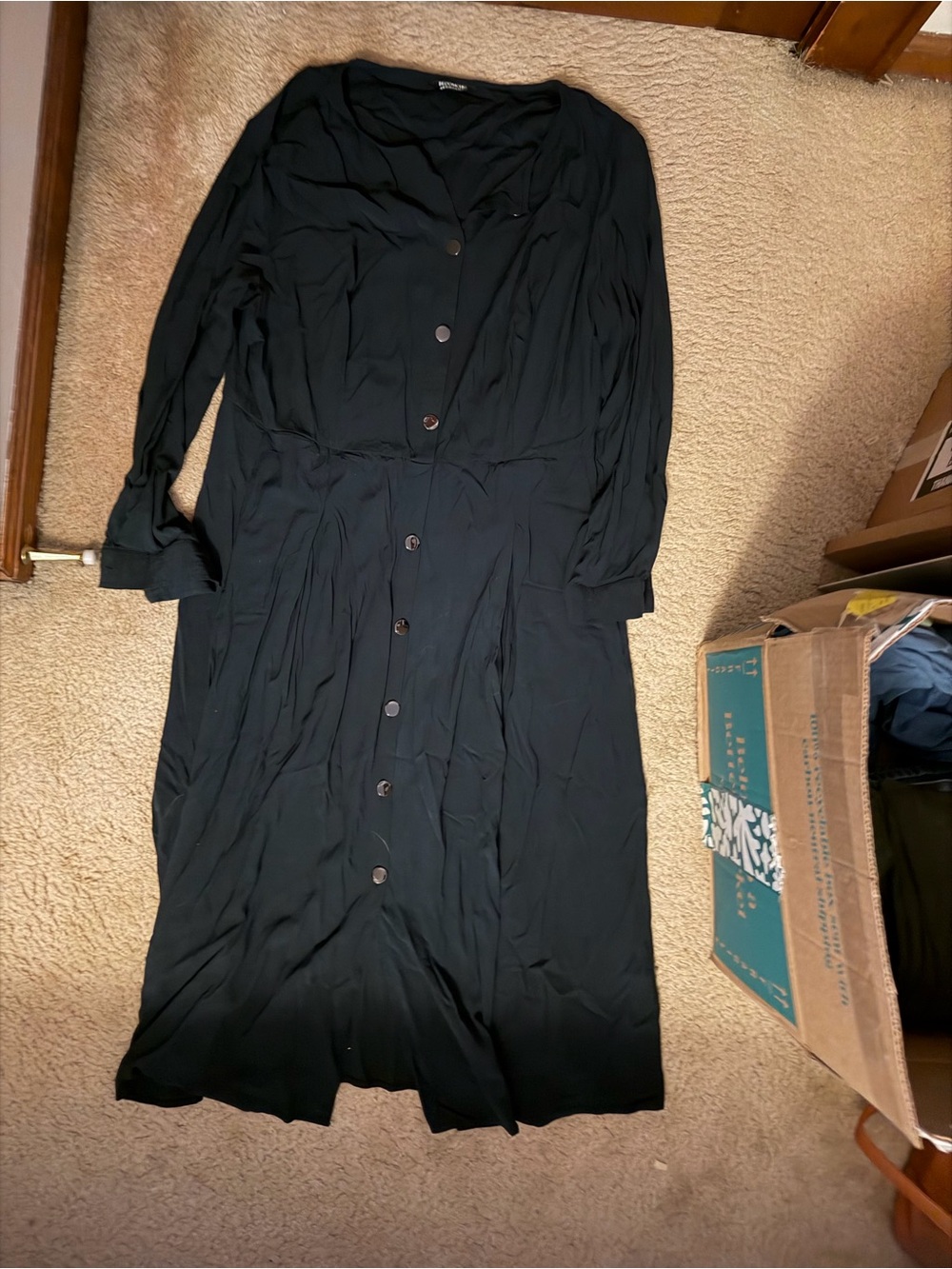 BloomChic Black Button-Front Long Sleeve Midi Dress